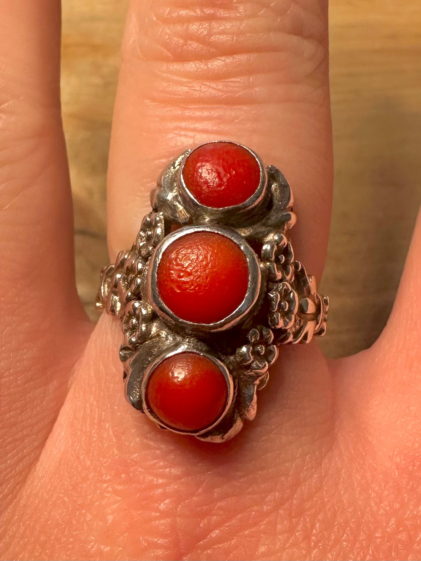 Vintage Coral Floral Long 925 Silver Size S Ring