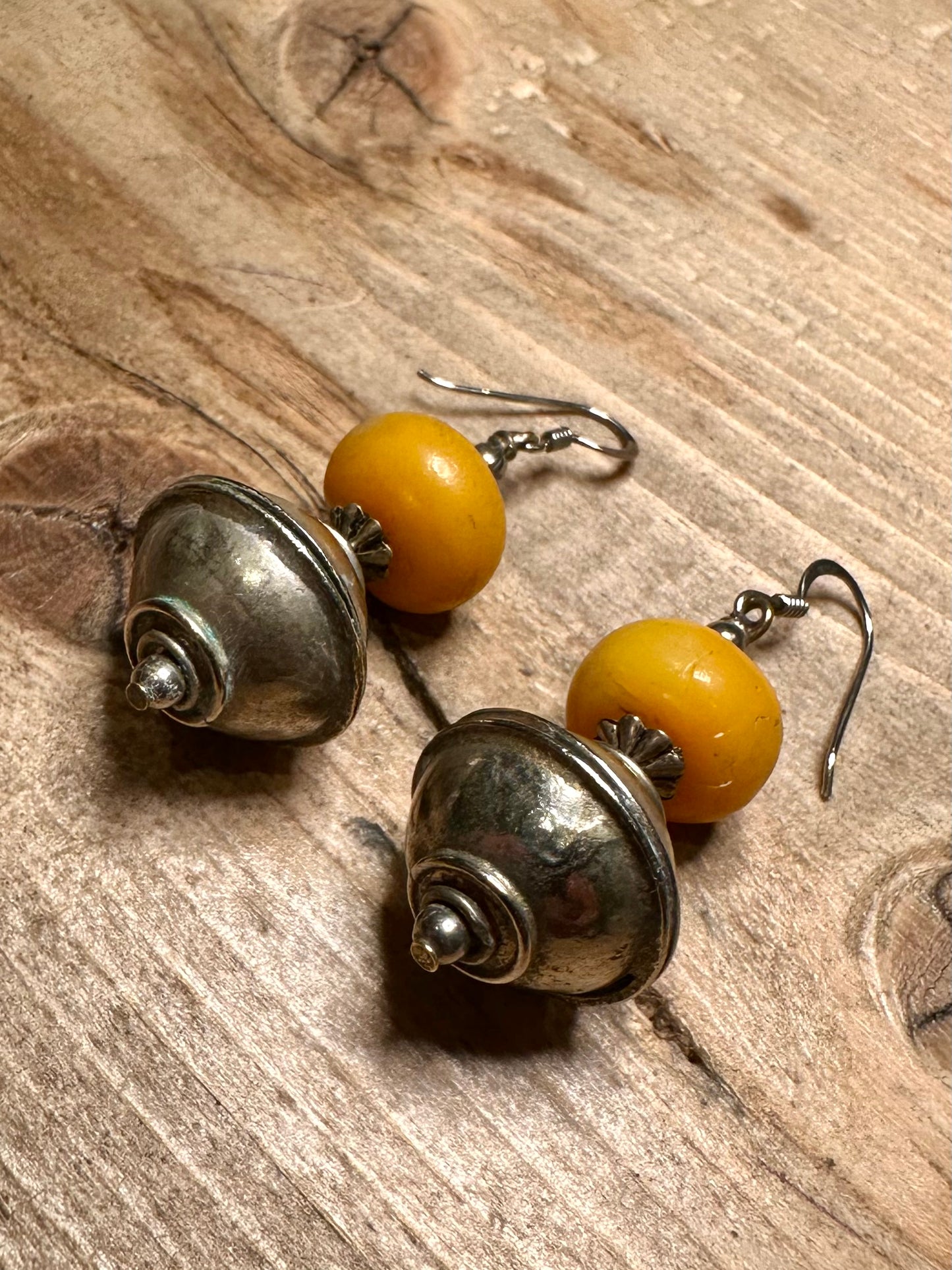 Vintage Tribal Yellow Ball 925 Silver Hook Earrings