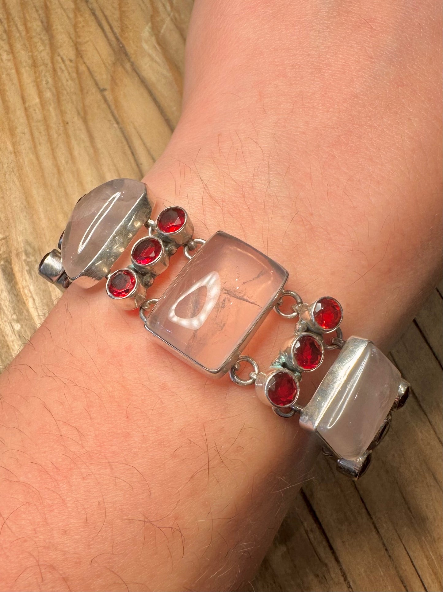Vintage Rose Quarts and Red Stone 925 Sterling Silver 6 to 7.5 Bracelet