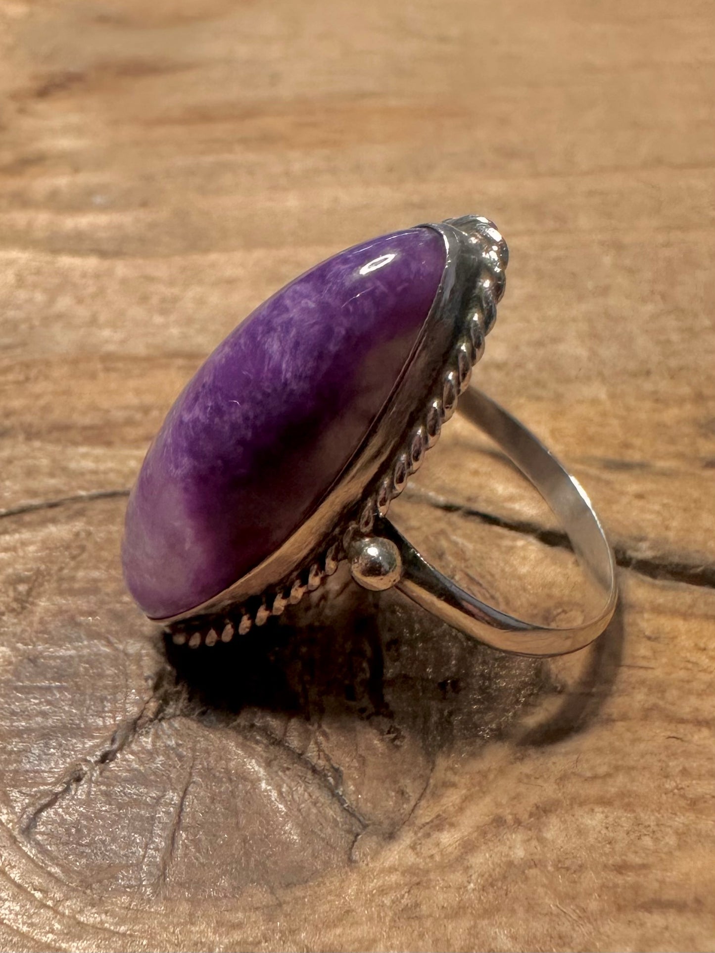 Vintage Charoite Elongated 925 Silver Size N Ring