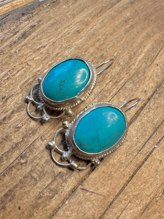 Large Decorative Turquoise Oval 925 Sterling Silver Earrings