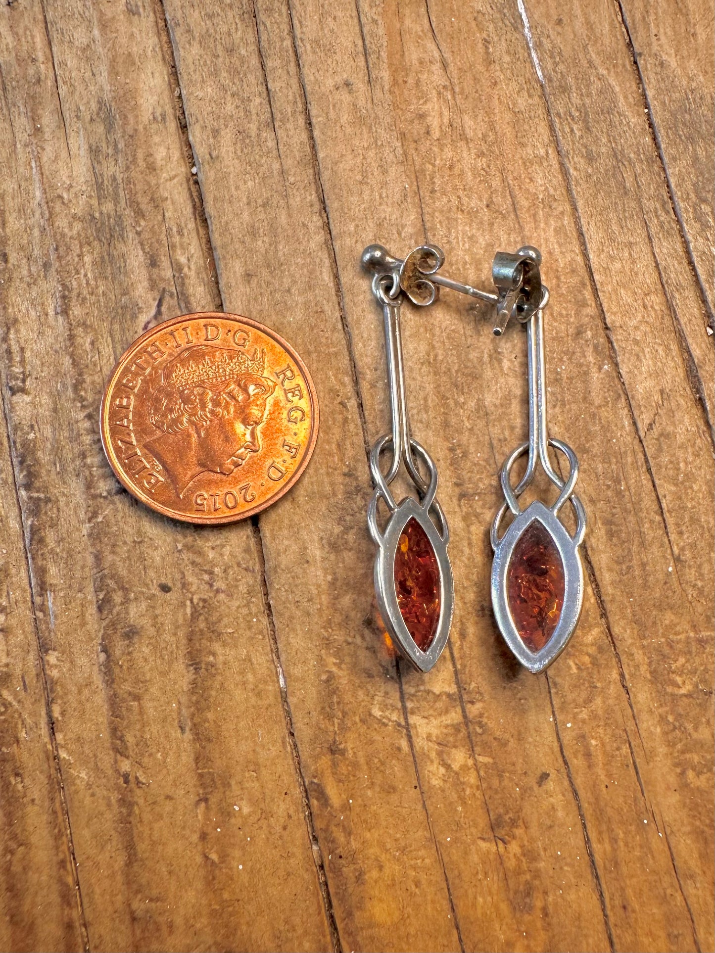 Amber Celtic Inspired Art Nouveau 925 Sterling Silver Earrings