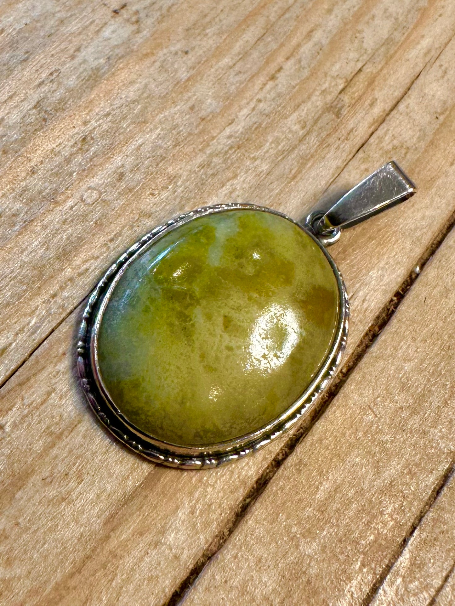Vintage Green Marble Oval 925 Sterling Silver Pendant