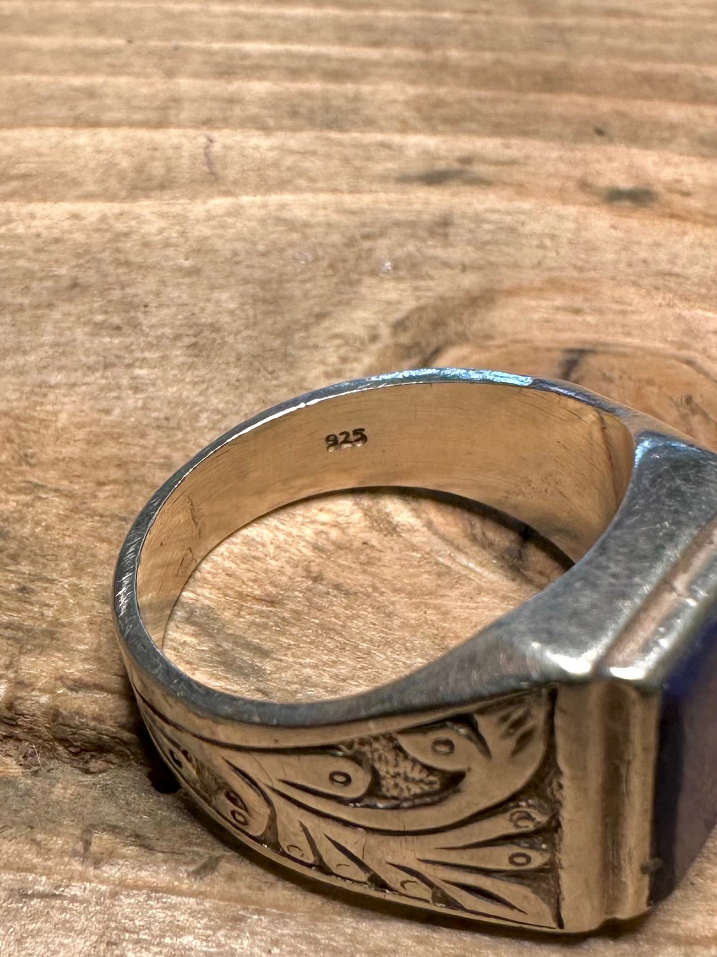 Vintage Lapis Signet Engraved 925 Silver Size Q Ring