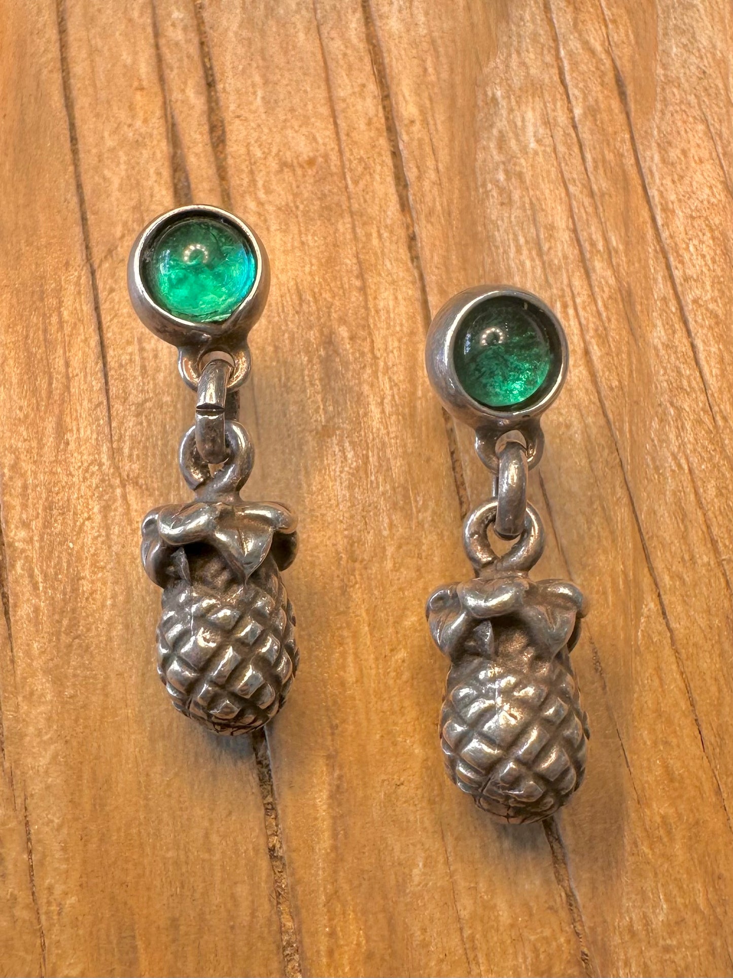 Vintage Green Stone Pineapple Dangle 925 Sterling Silver Earrings