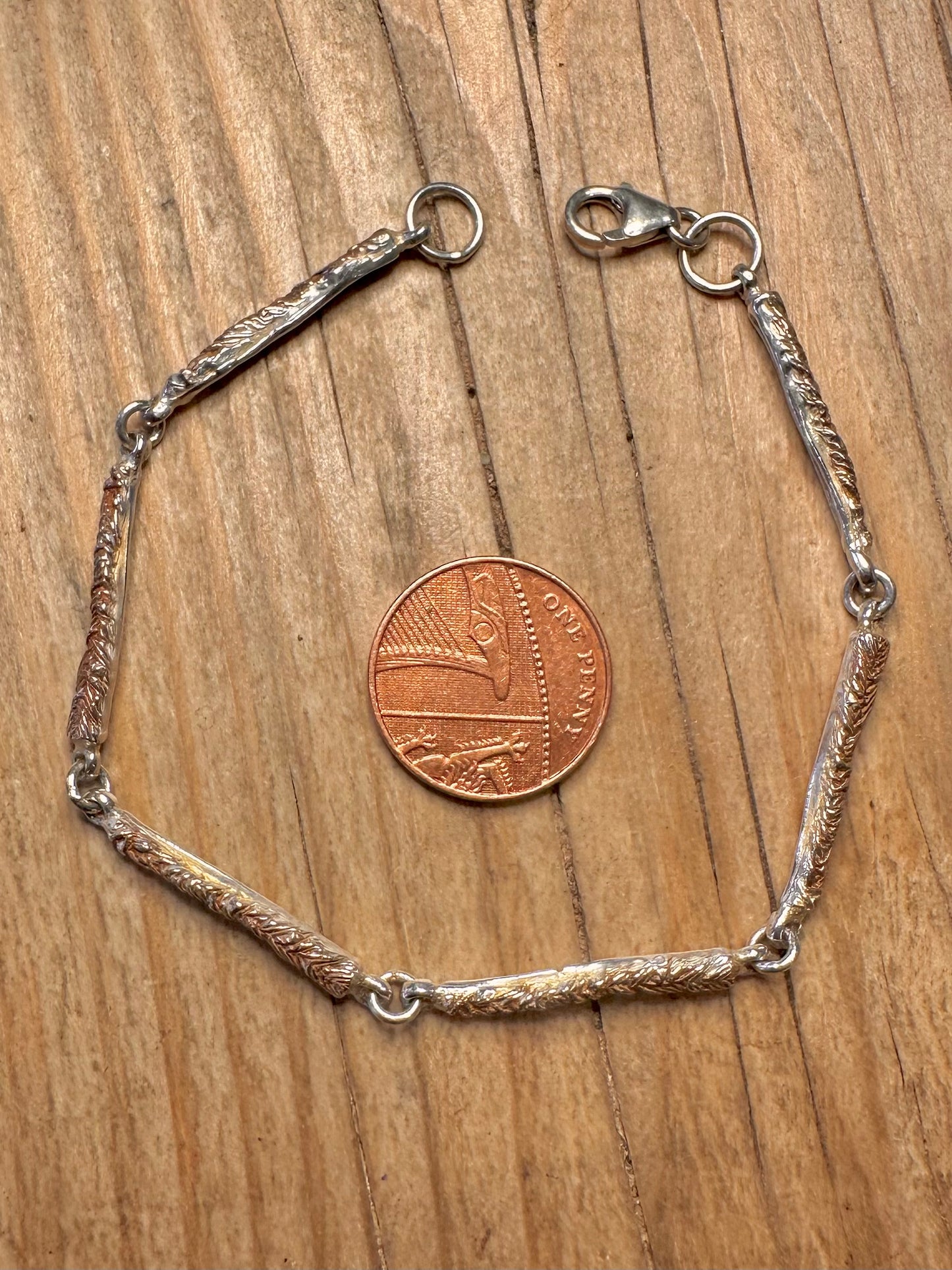 Abstract Unique Bar Gold Ish on 925 Sterling Silver 8 inch Bracelet