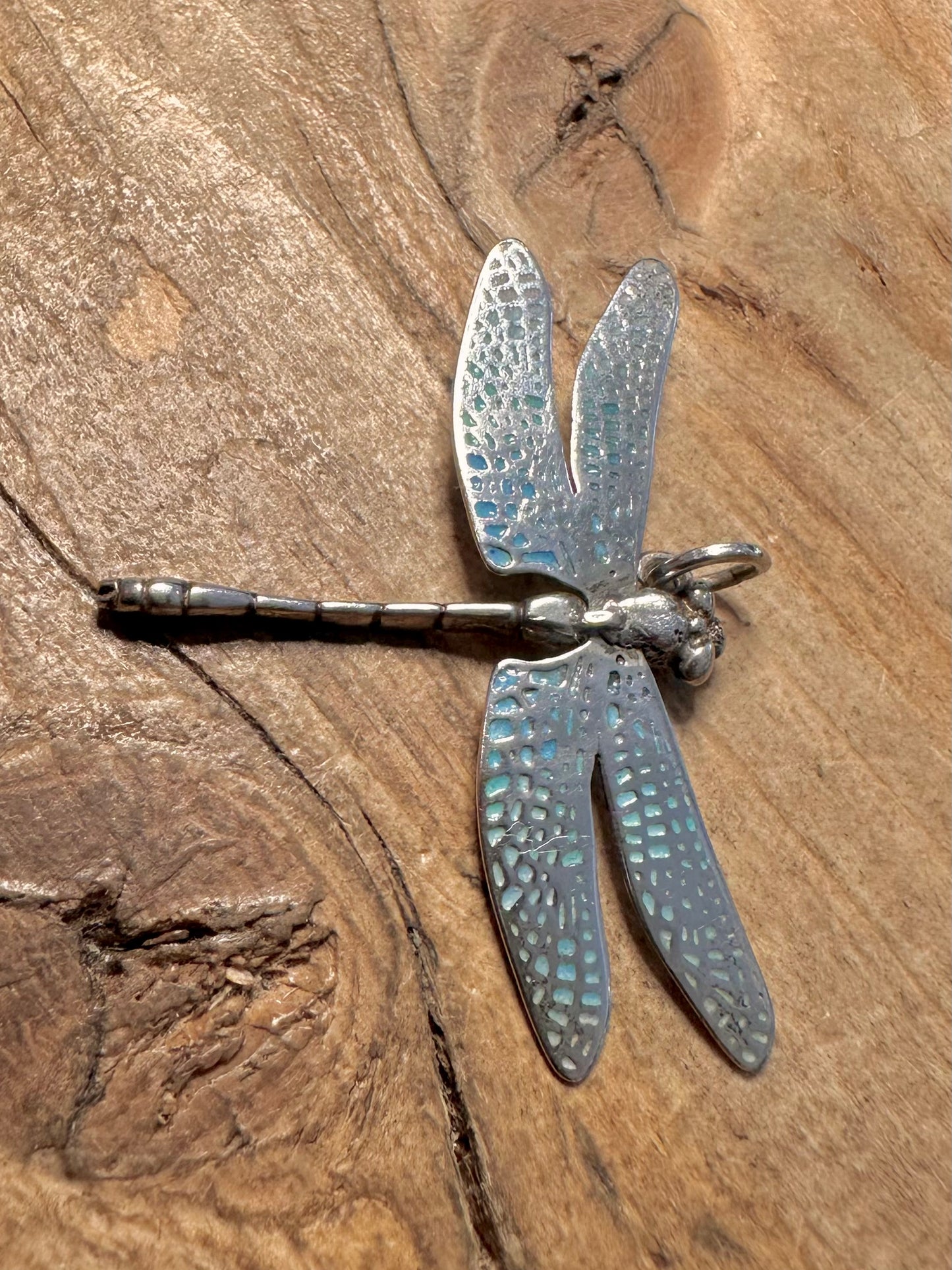 Vintage Articulated Dragonfly Blue Enamel 925 Silver Pendant