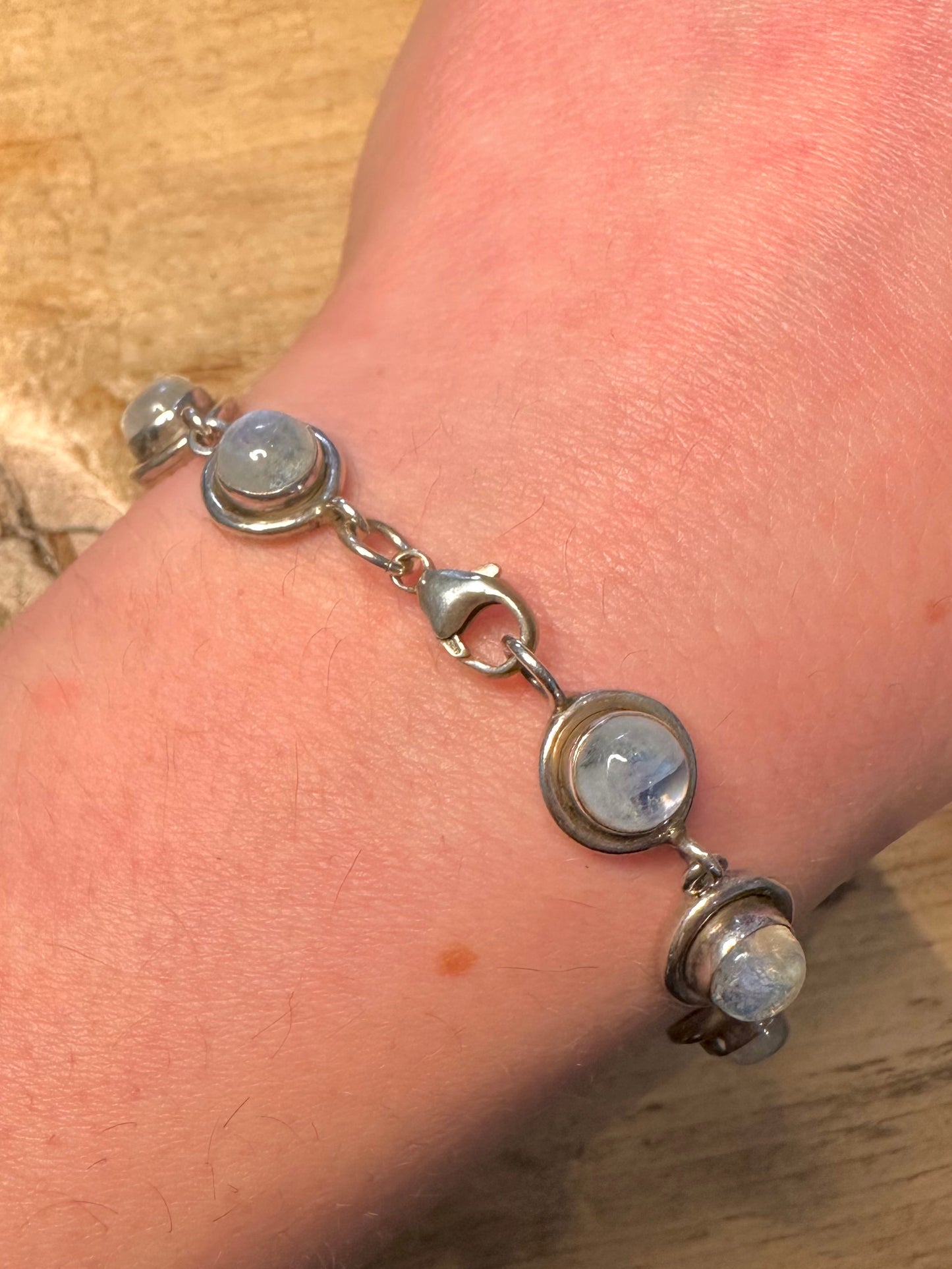 Vintage Moonstone Circle Link 925 Silver 7.3 inch Bracelet