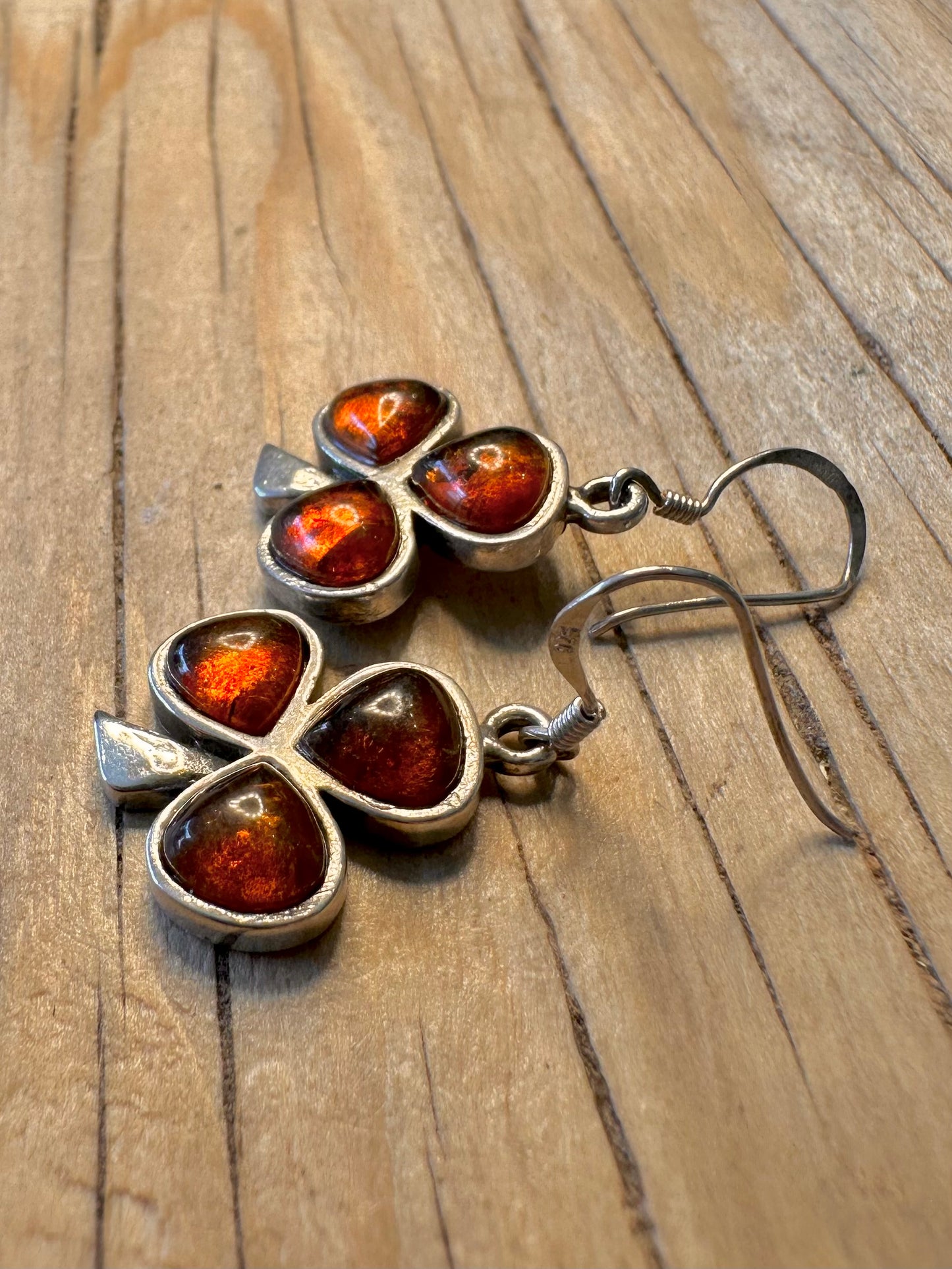 Vintage Amber Three Leaf Clover 925 Silver Earrings
