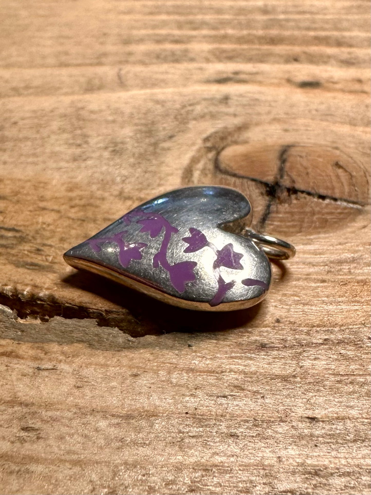 Modernist Heart with Purple Inlay Flower 925 Silver Pendant