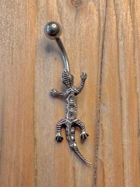 Vintage Moving Lizard White Stones 925 Sterling Silver Belly Bar Body Jewellery