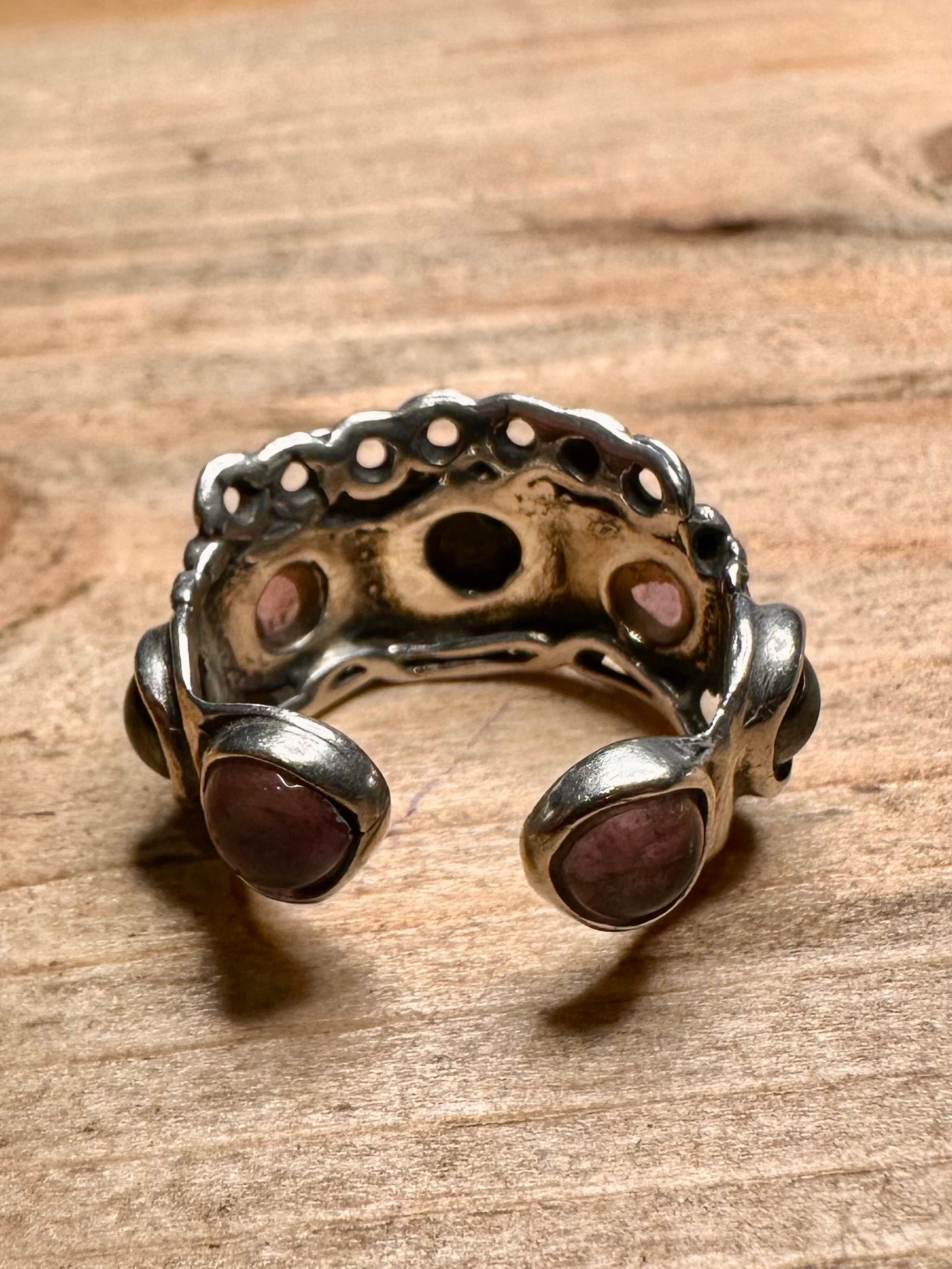 Abstract Amethyst and Black Stone Open Back 925 Silver Size J Ring