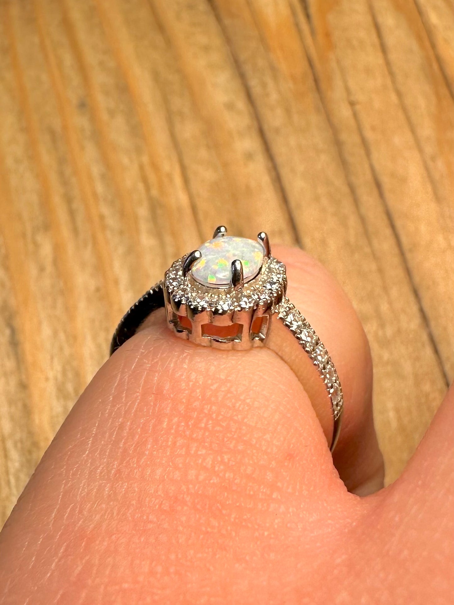 Modern Opal and White CZ 925 Sterling Silver Size J Ring