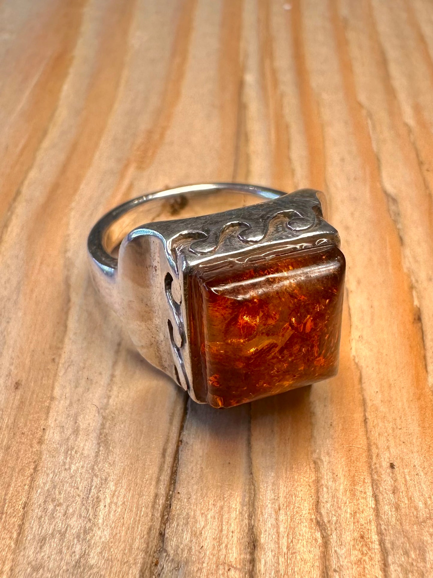 Vintage Amber Square Wavy Design 925 Sterling Silver Size L1/2 Ring