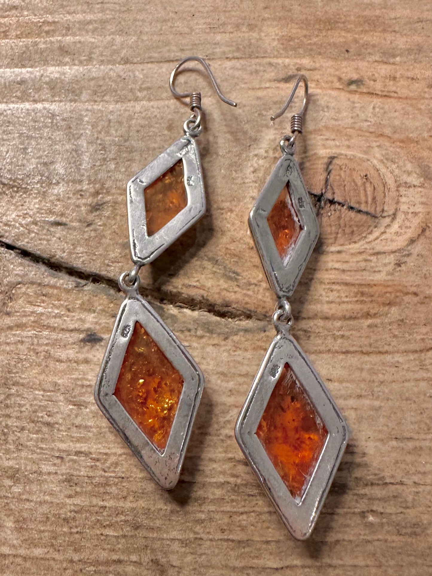 Vintage Amber Diamond Shaped Dangle 925 Silver Earrings