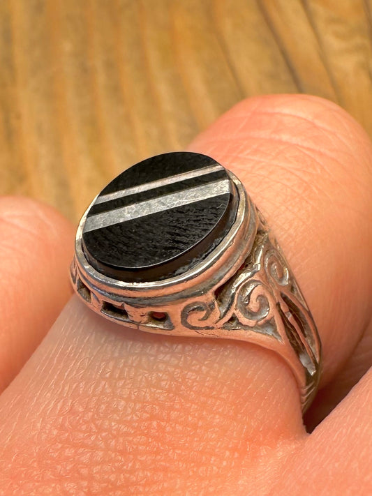 Vintage Onyx Ornate Signet 925 Sterling Silver Size R Ring