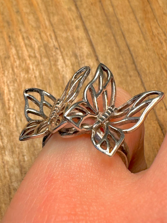 Vintage Double Butterfly 925 Sterling Silver Size N Ring