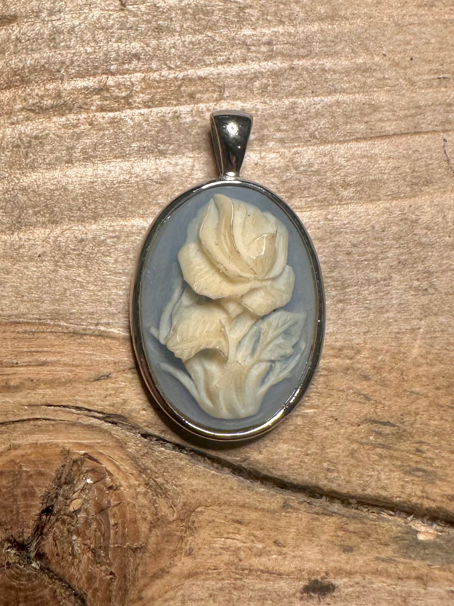Vintage Cameo Rose Blue 925 Silver Pendant