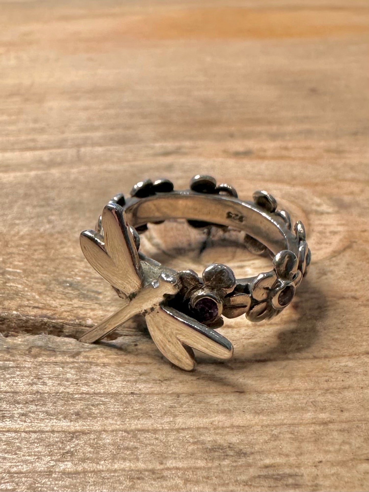 Vintage Dragon Fly Purple Flower Band 925 Silver Size M Ring