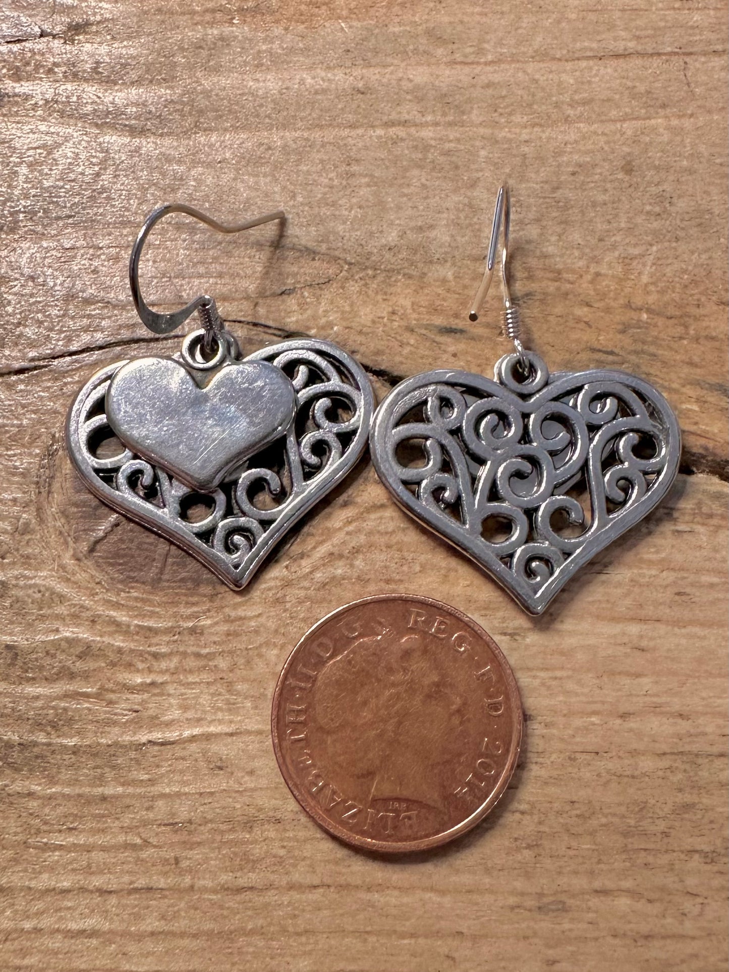 Vintage Filigree Double Heart 925 Silver Earrings