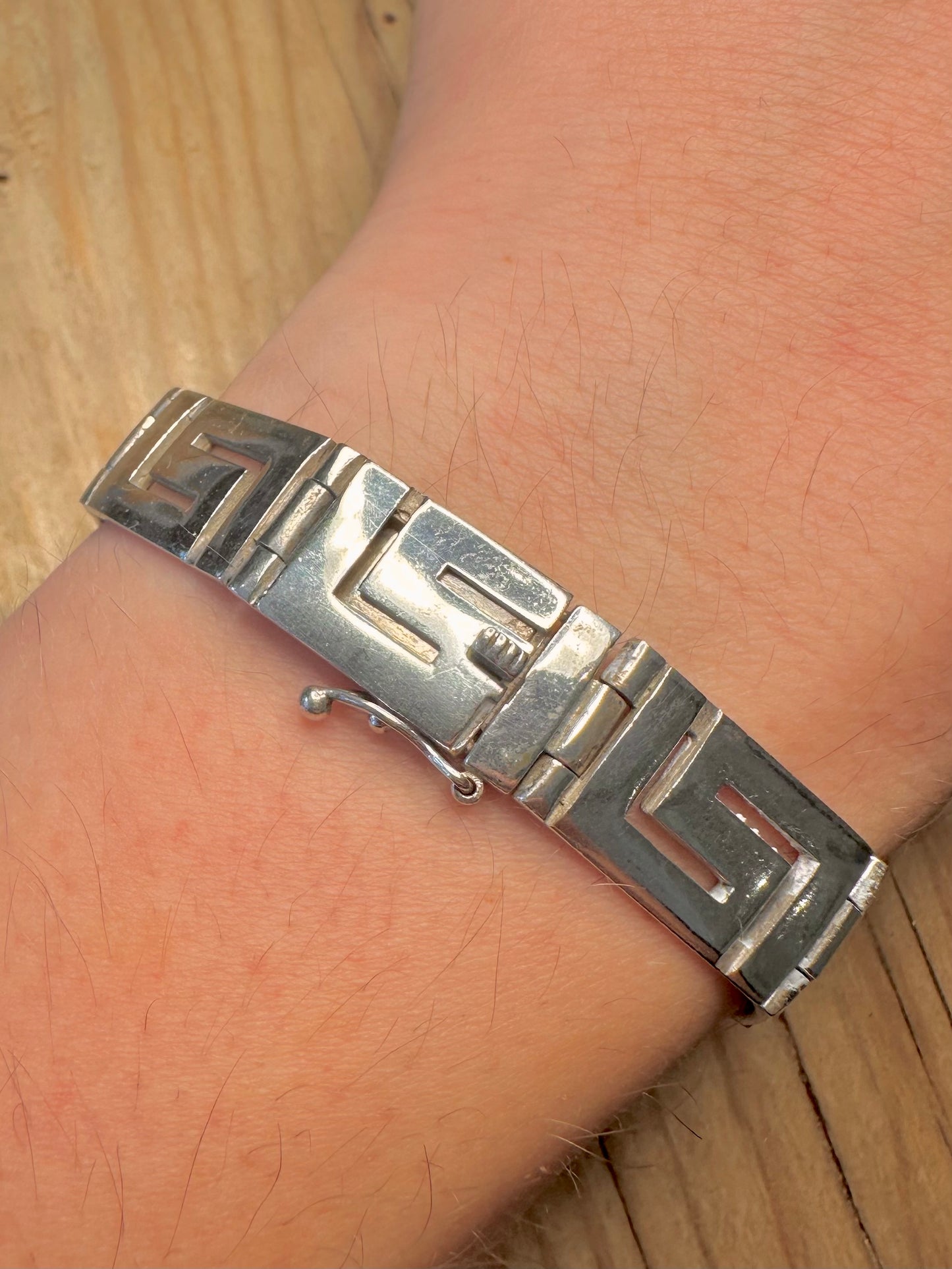 Vintage Large Greek Key 925 Sterling Silver 7.5 inch Bracelet