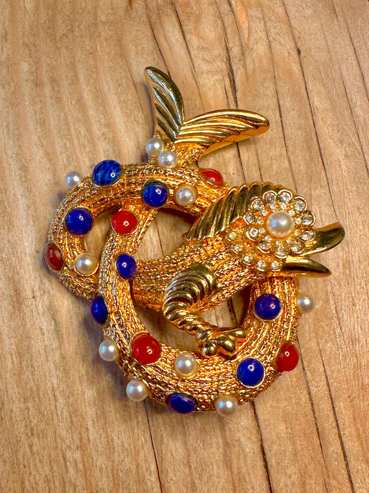 Vintage Coro Sea Monster Agate and Pearl Gold Tone Costume Brooch