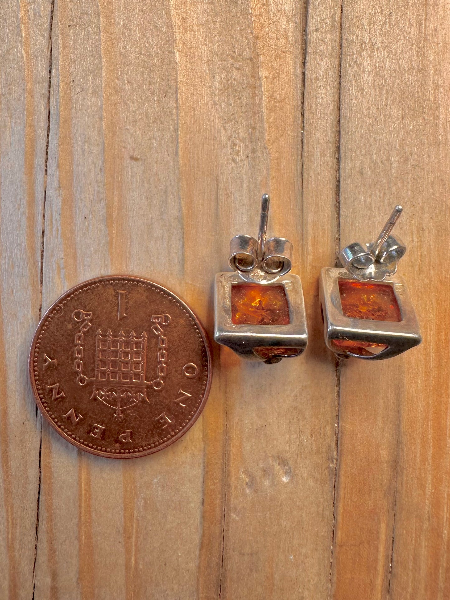 Vintage Square Amber White Stone 925 Sterling Silver Stud Earrings