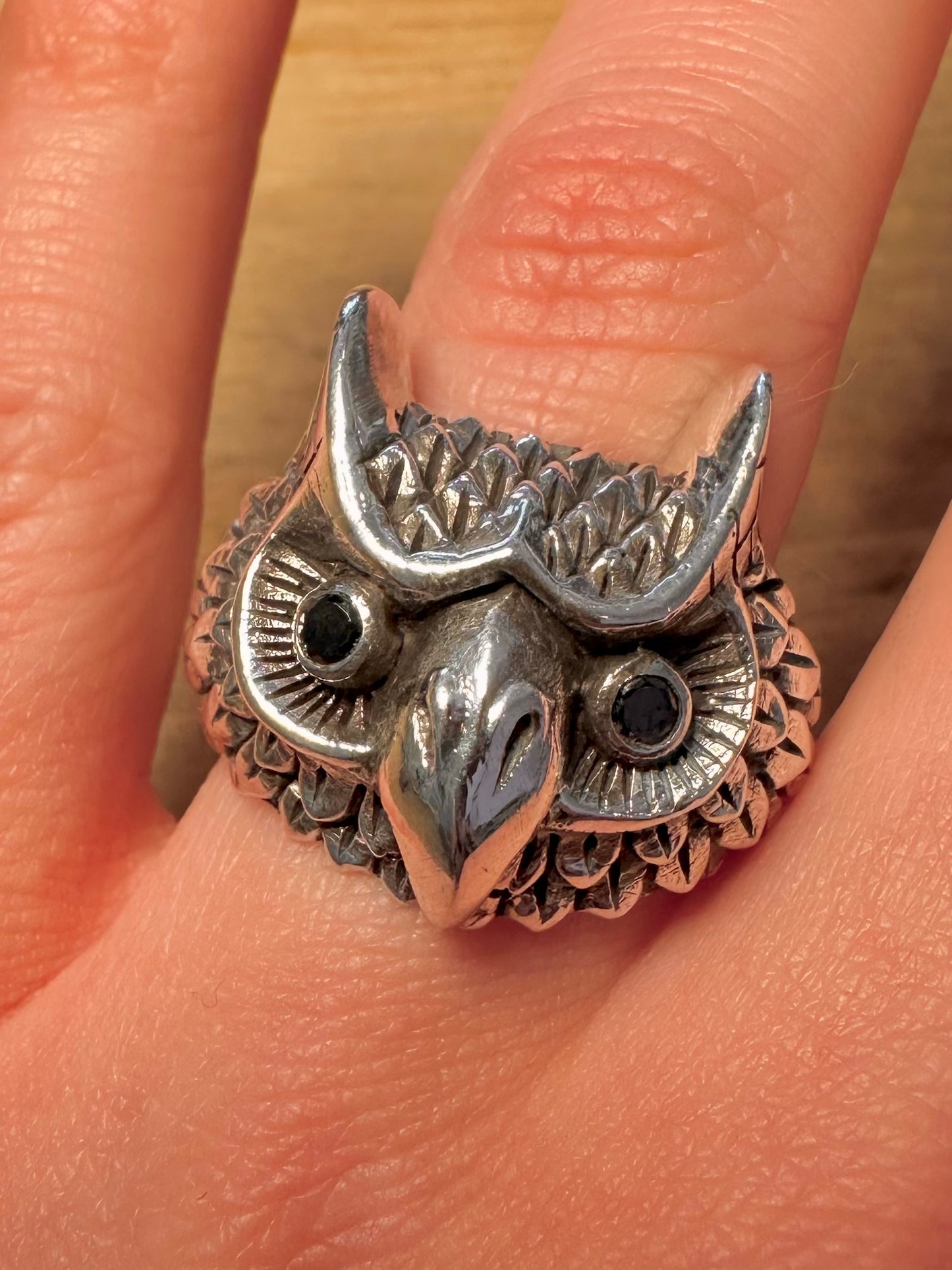 Vintage Owl Head Black Eyes 925 Silver Size Y Ring