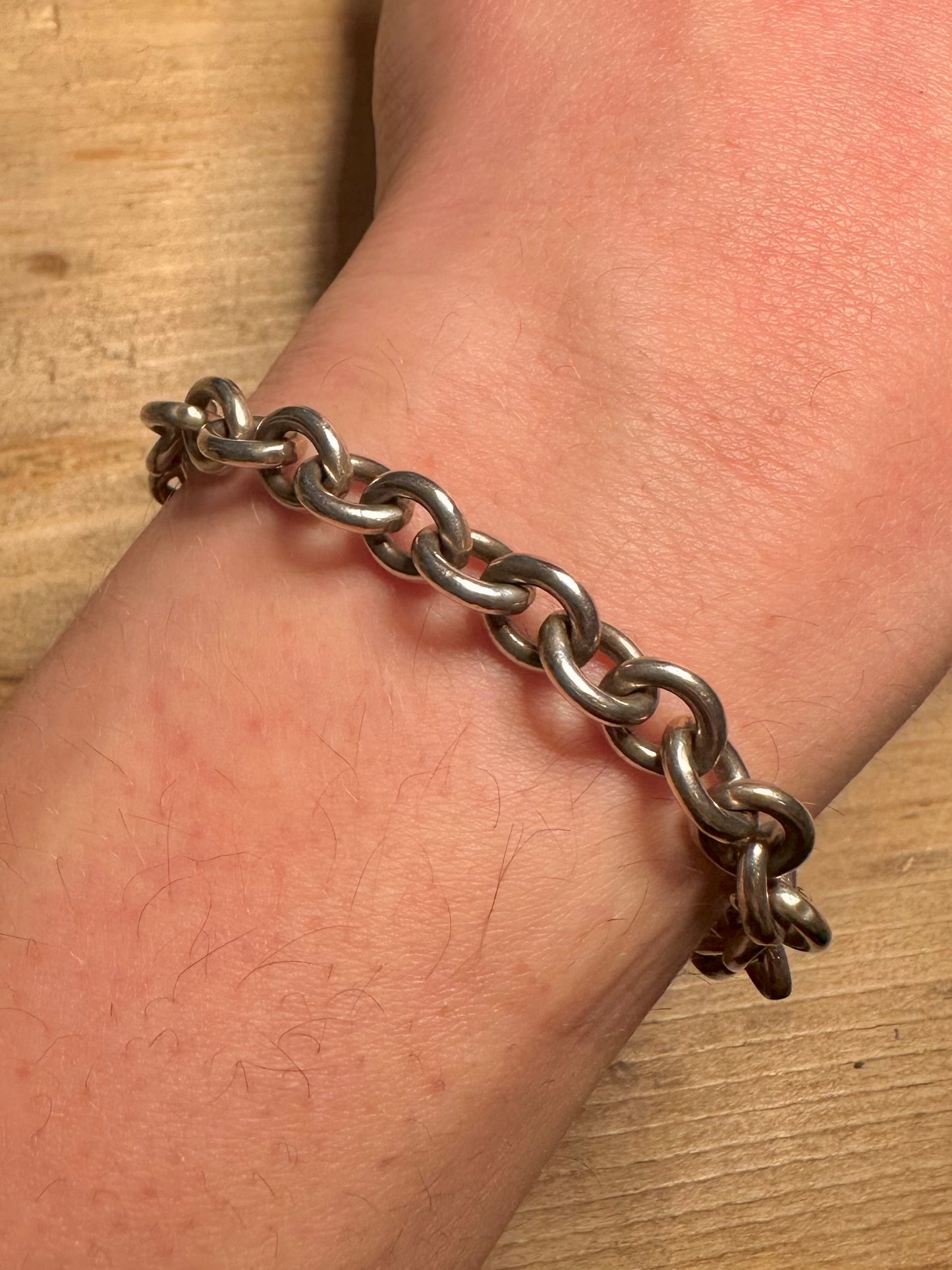 Vintage Belcher Chain Heart Pendant T Bar Clasp 925 Silver 8 inch Bracelet