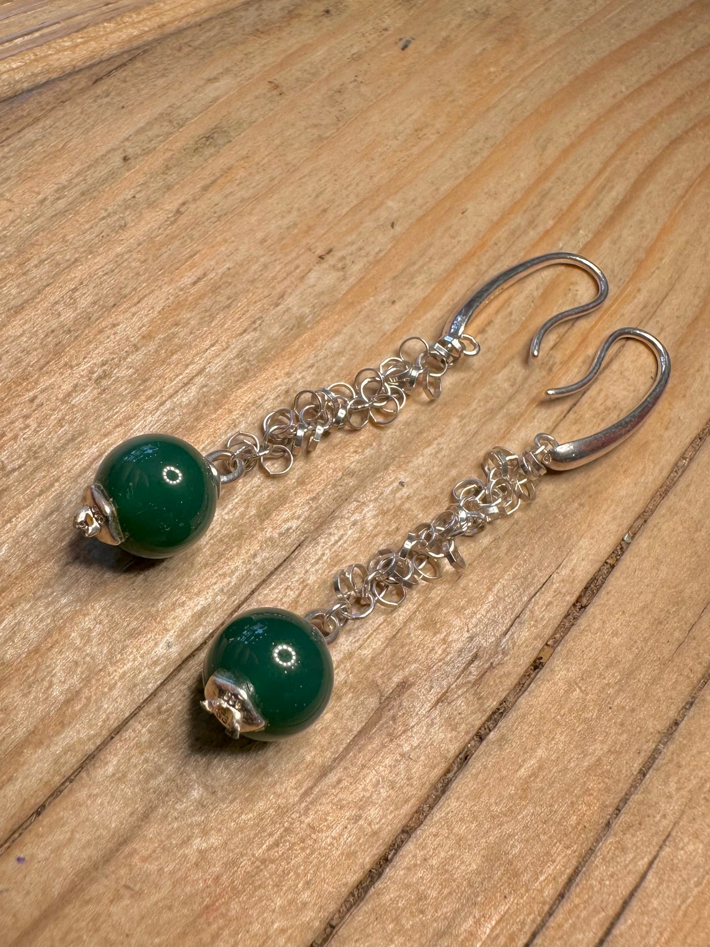 Modern Green Ball Chain Link Dangle 925 Sterling Silver Earrings