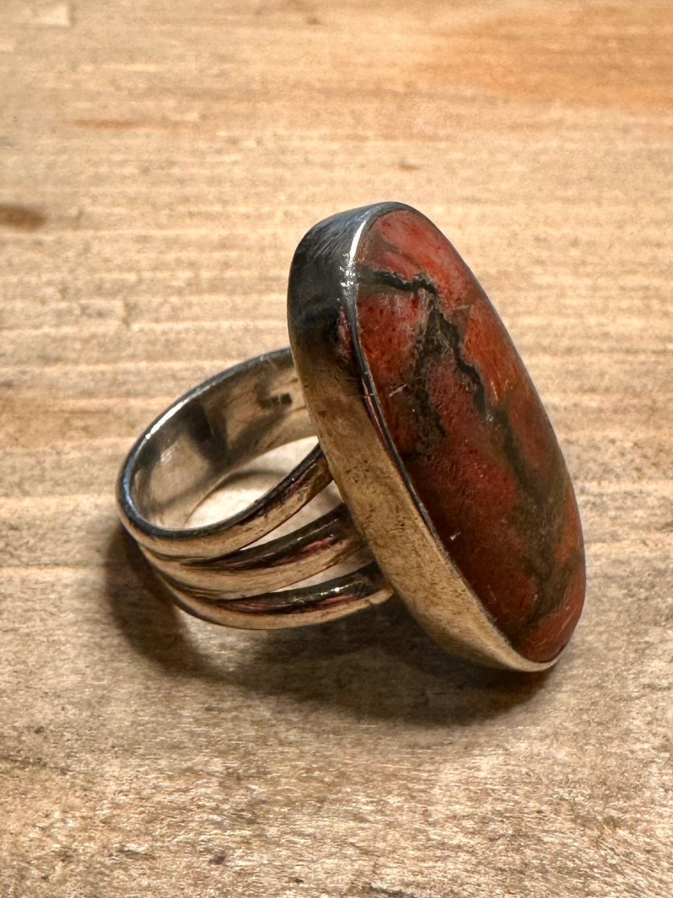 Vintage Elongated Red Agate 925 Silver Size M Ring