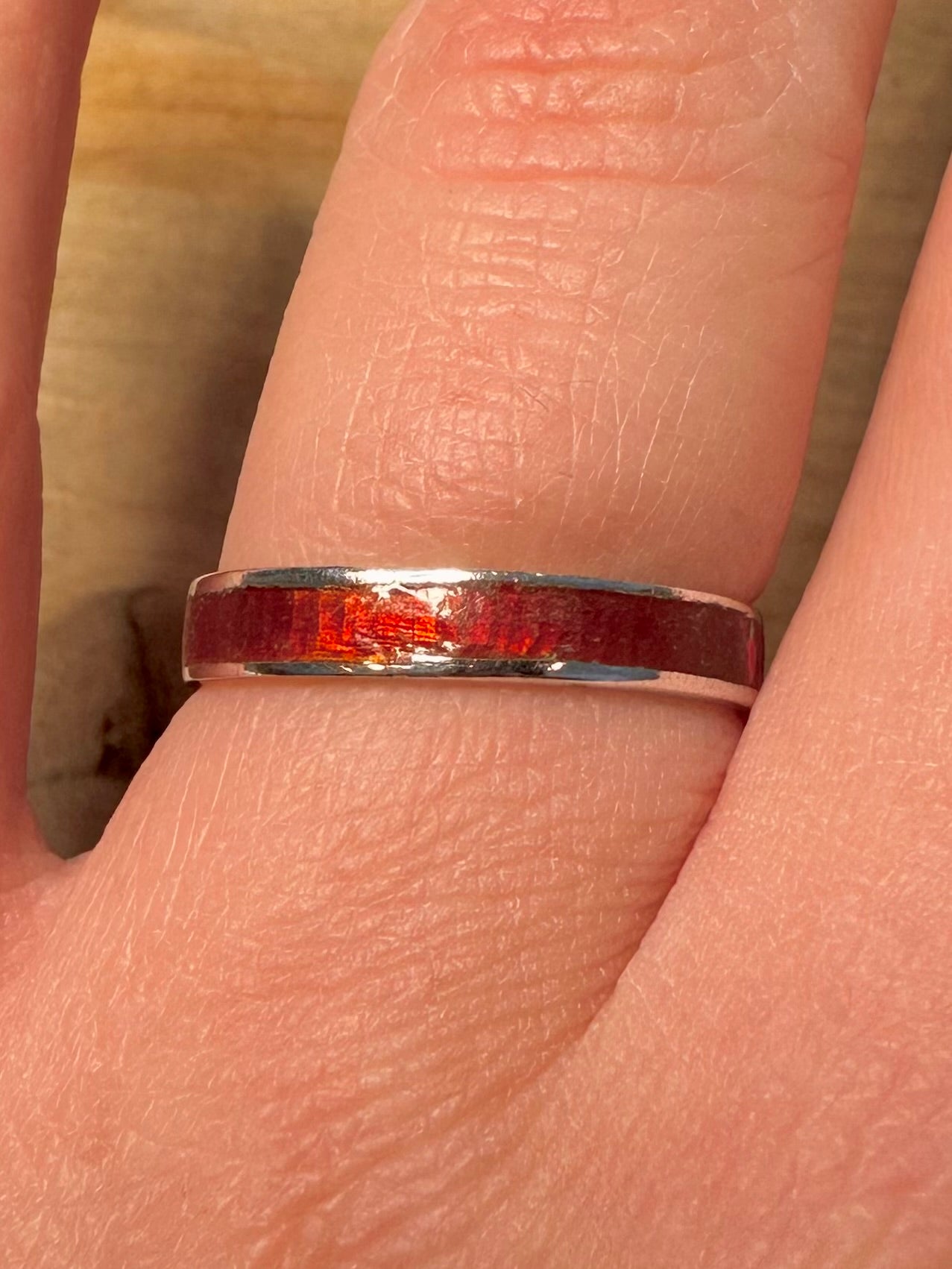 Vintage Red Enamel Band 925 Silver Size P Ring