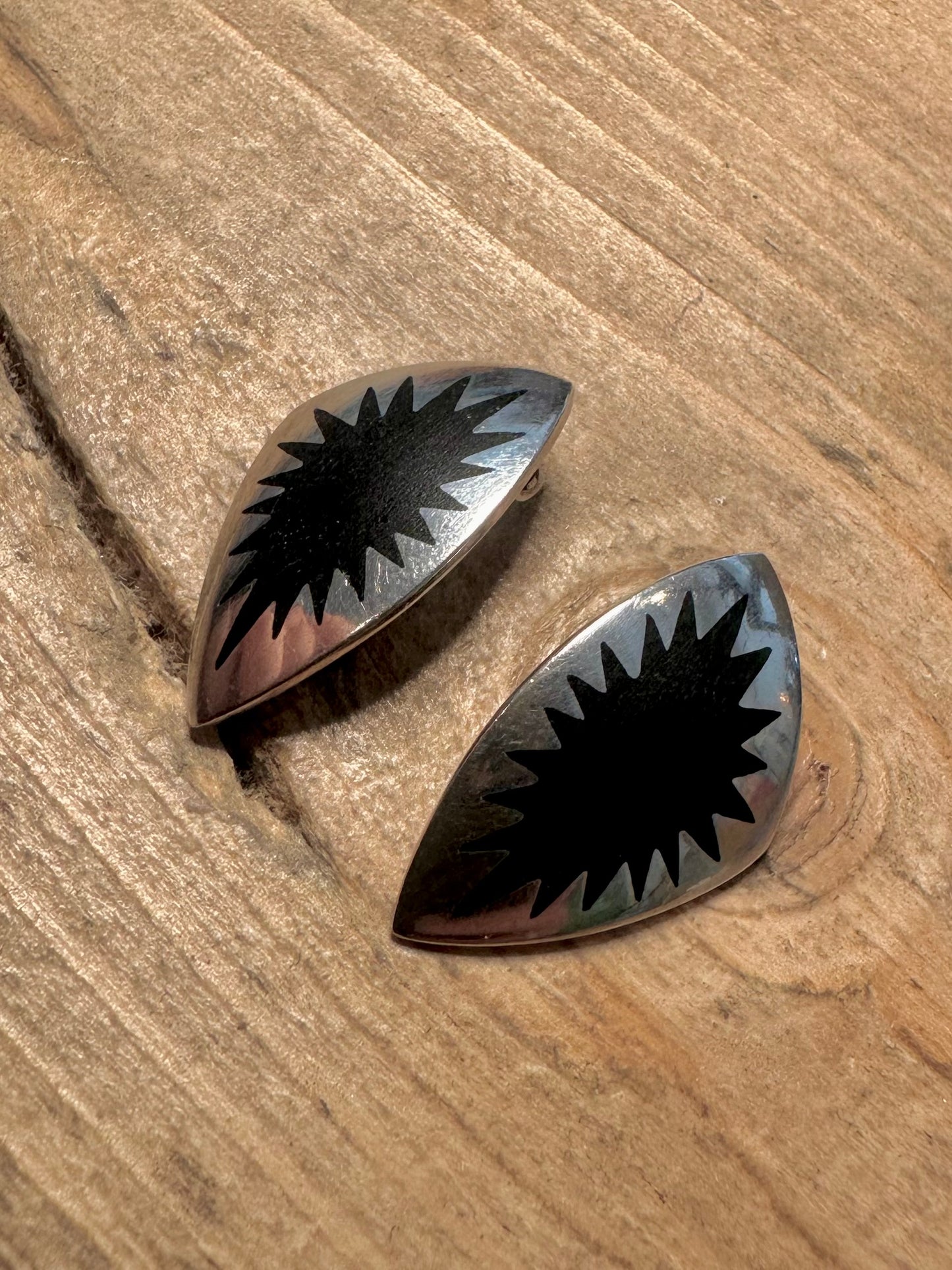 Vintage Black Spike Shaped 925 Silver Clip On Earrings