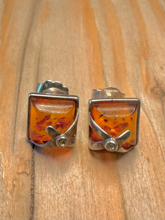 Vintage Square Amber White Stone 925 Sterling Silver Stud Earrings
