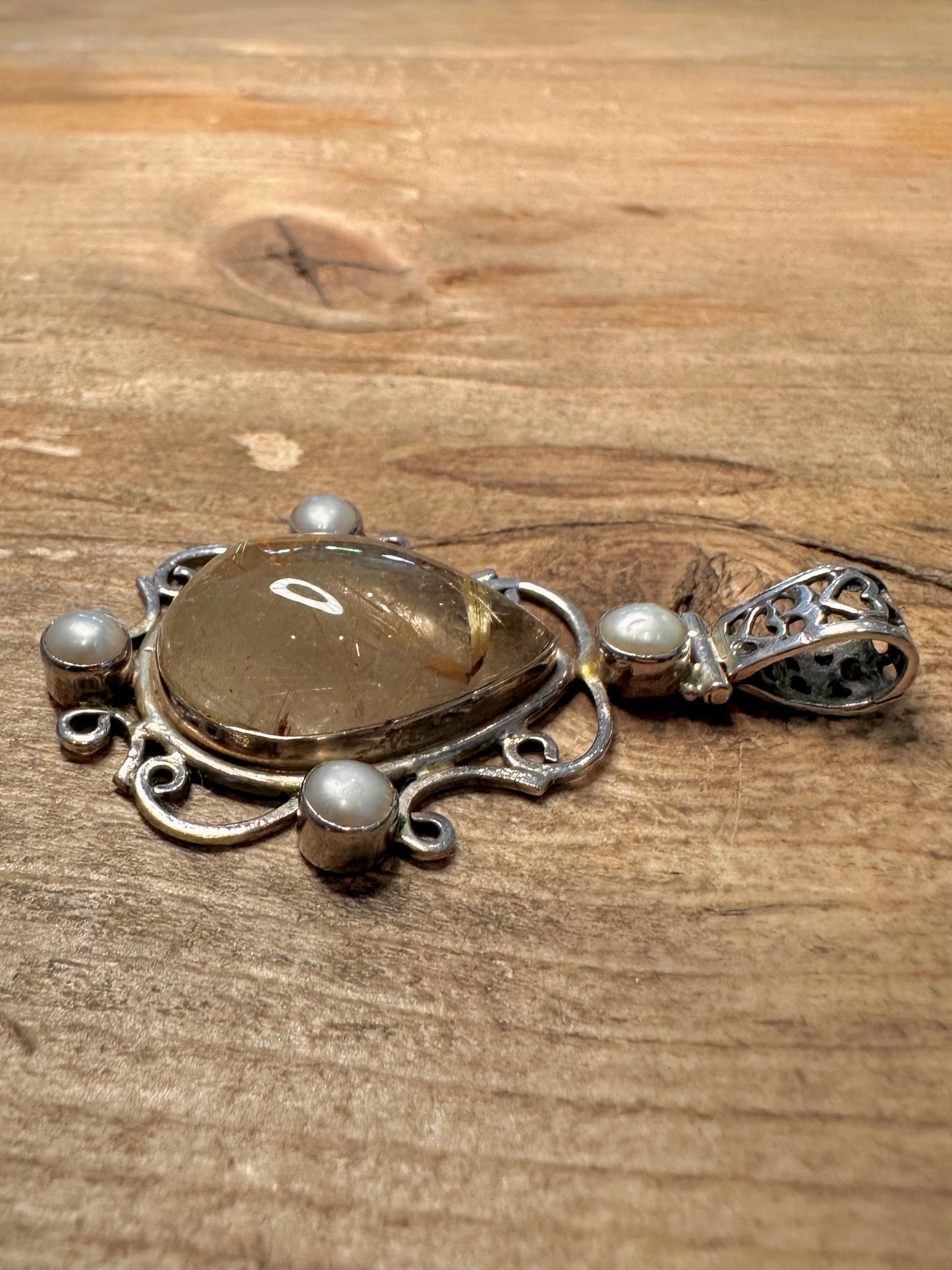 Vintage Golden Rutile Quarts and Pearl 925 Silver Pendant