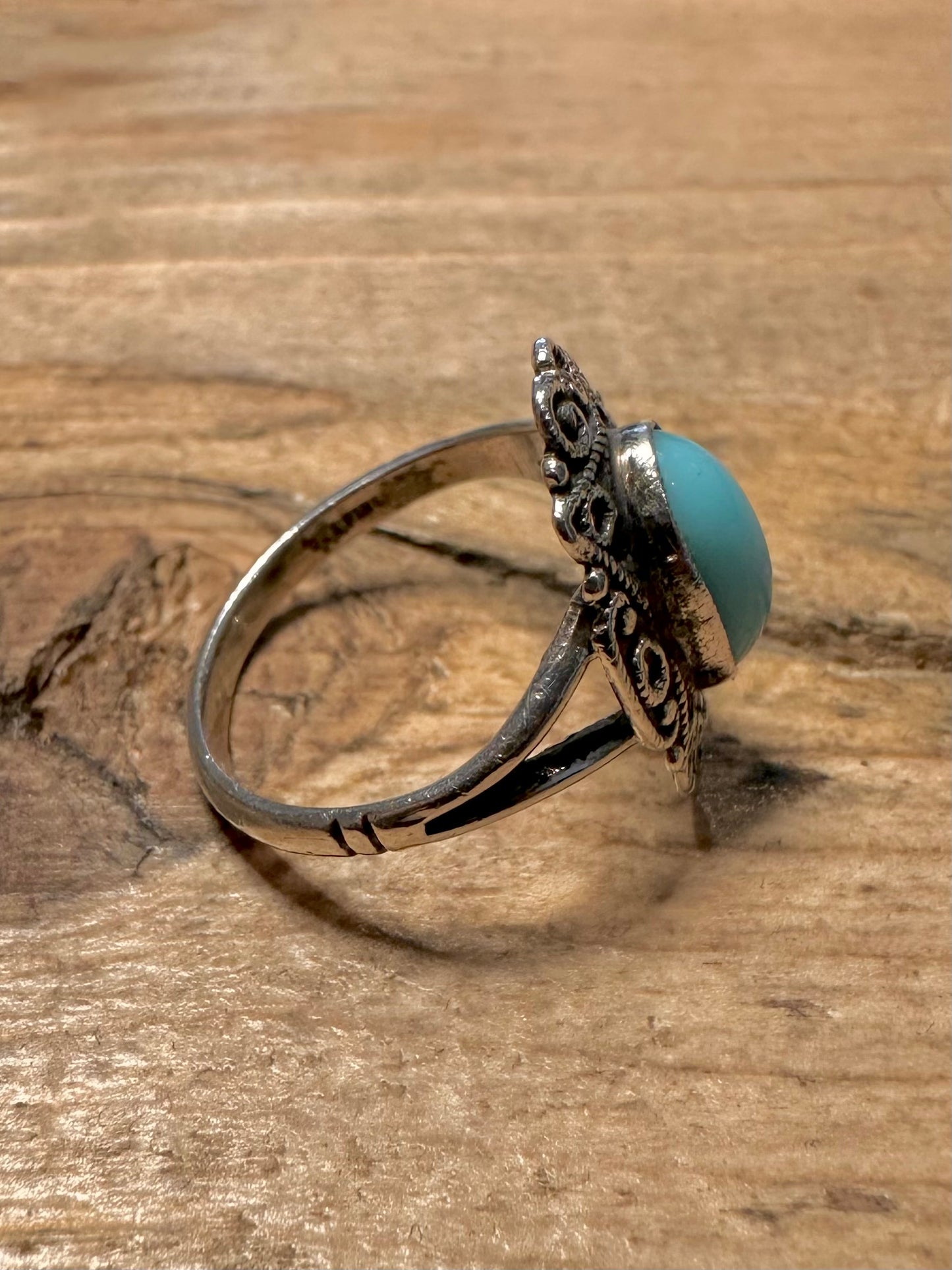 Vintage Ornate Blue Stone 925 Silver Size L Ring