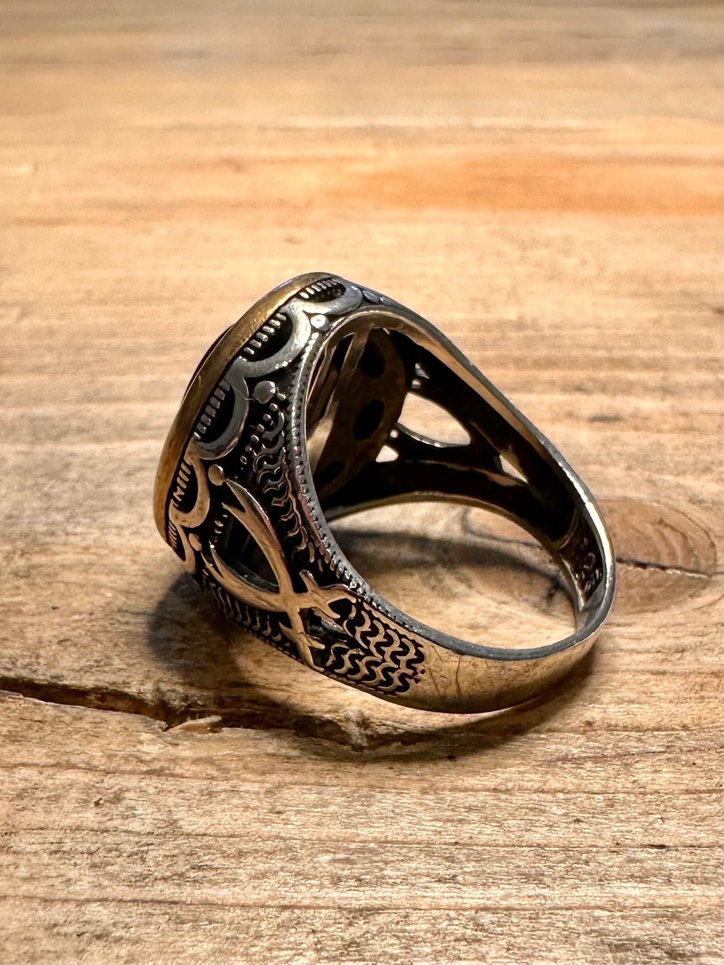 Vintage Garnet and Black Stone Middle Eastern 925 Silver Size T Ring