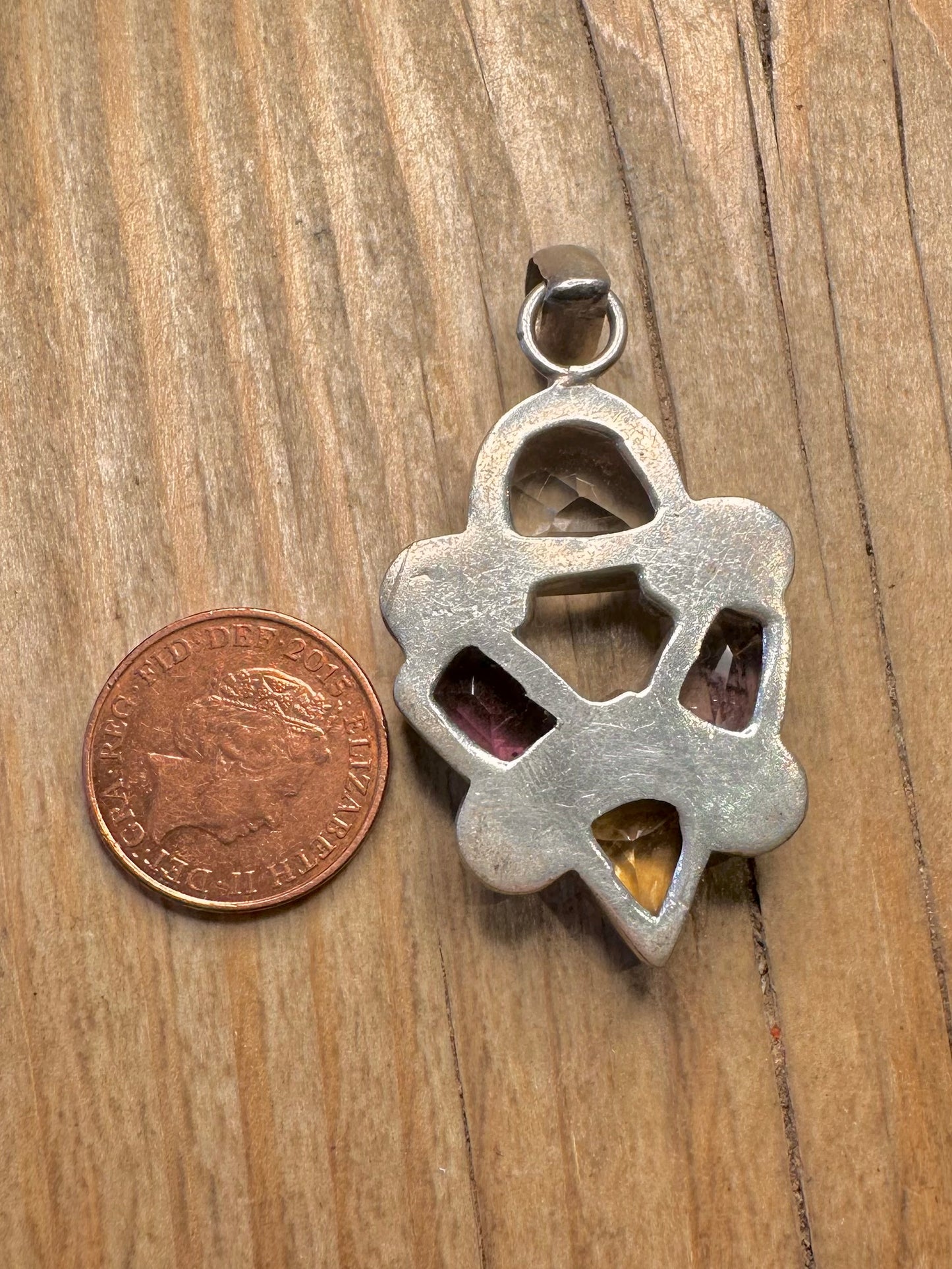 Vintage Multi Gemstone Citrine Amethyst Quarts 925 Sterling Silver Pendant