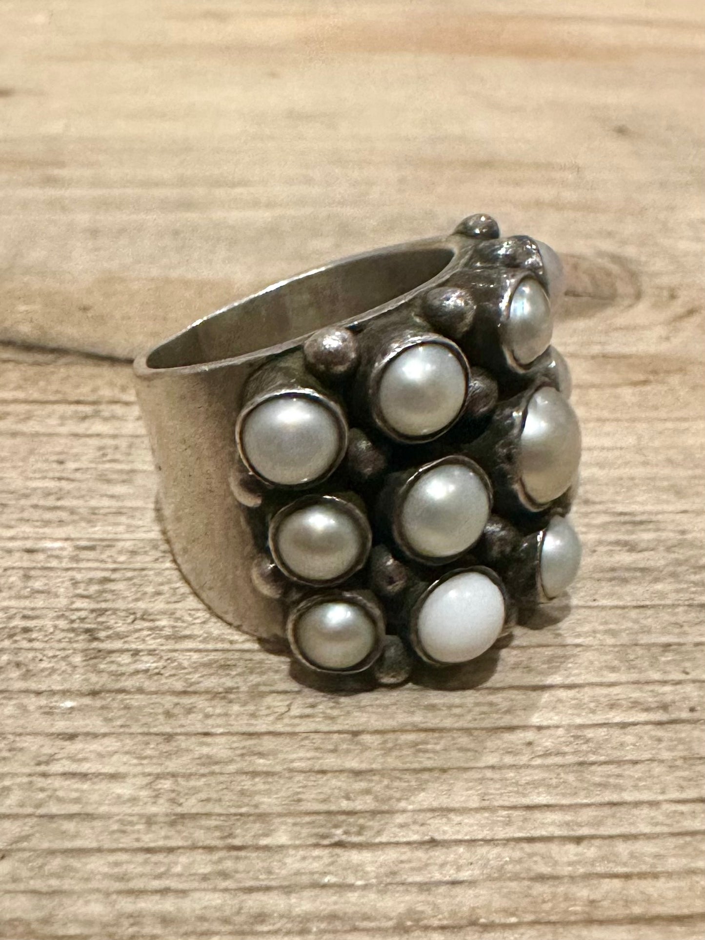 Abstract Chunky Pearl 925 Silver Size M Ring