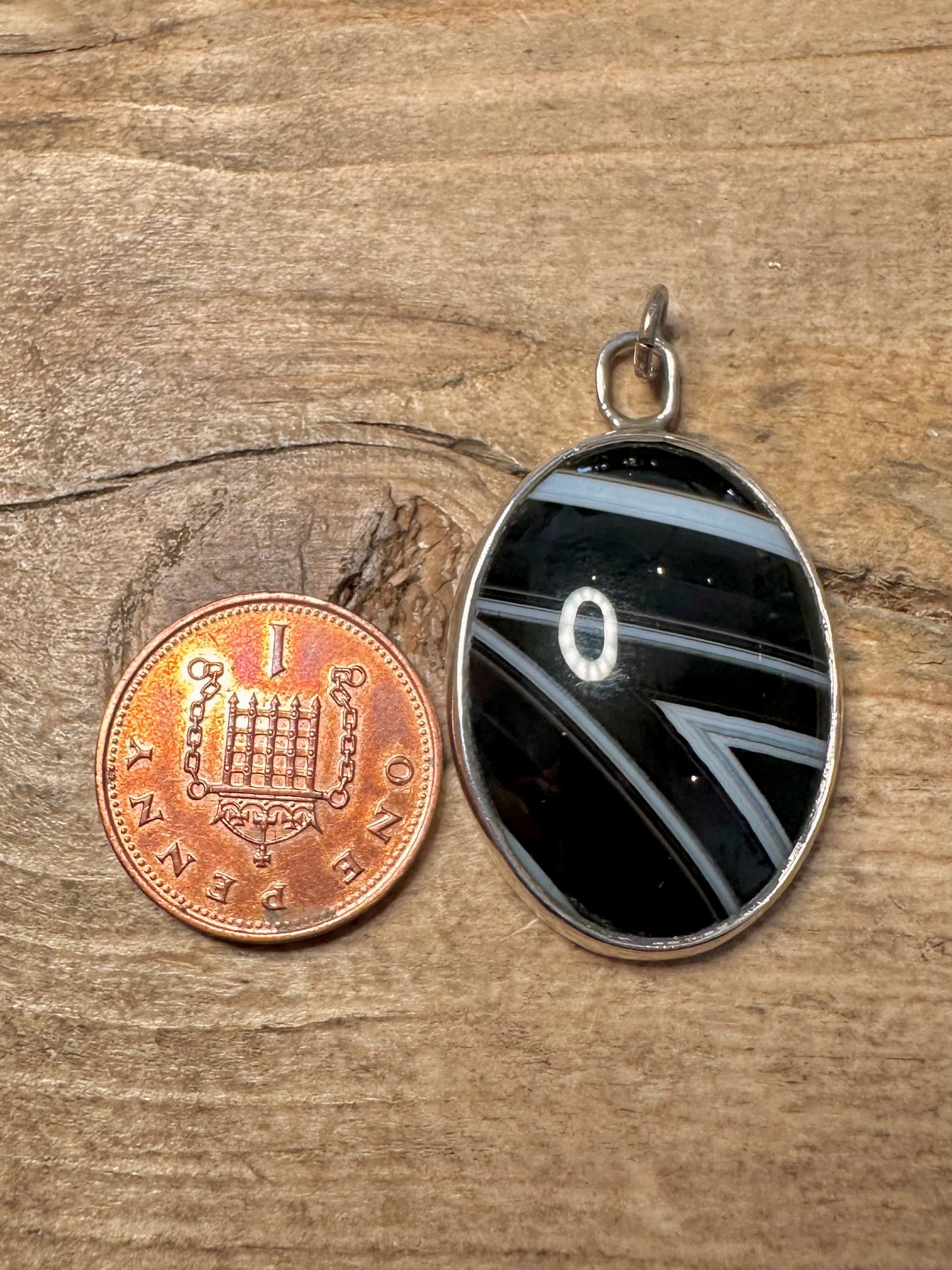 Vintage 1986 Black Agate Oval 925 Silver Pendant