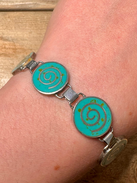 Vintage Turquoise Inlay Swirl 925 Silver 8 inch Bracelet