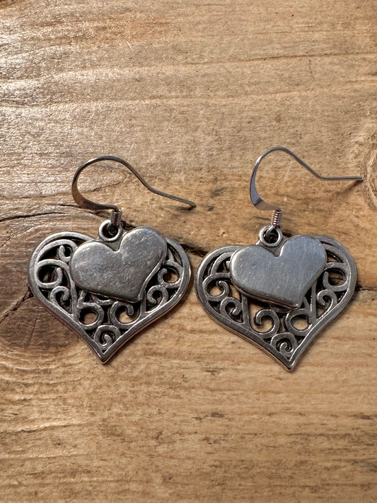 Vintage Filigree Double Heart 925 Silver Earrings