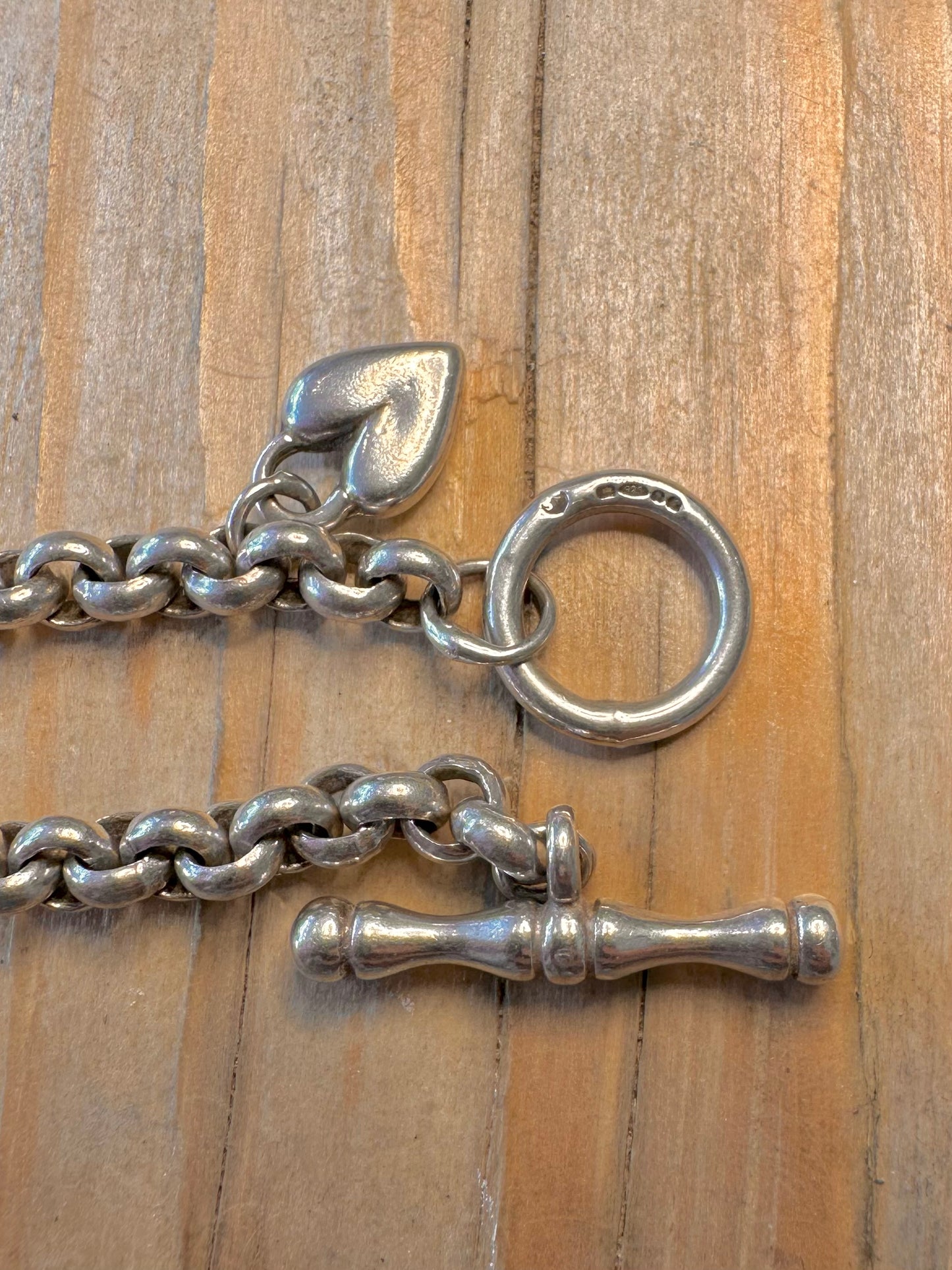 Vintage Belcher Chain T Bar Clasp Heart 925 Silver Hallmarked 7.5 inch Bracelet