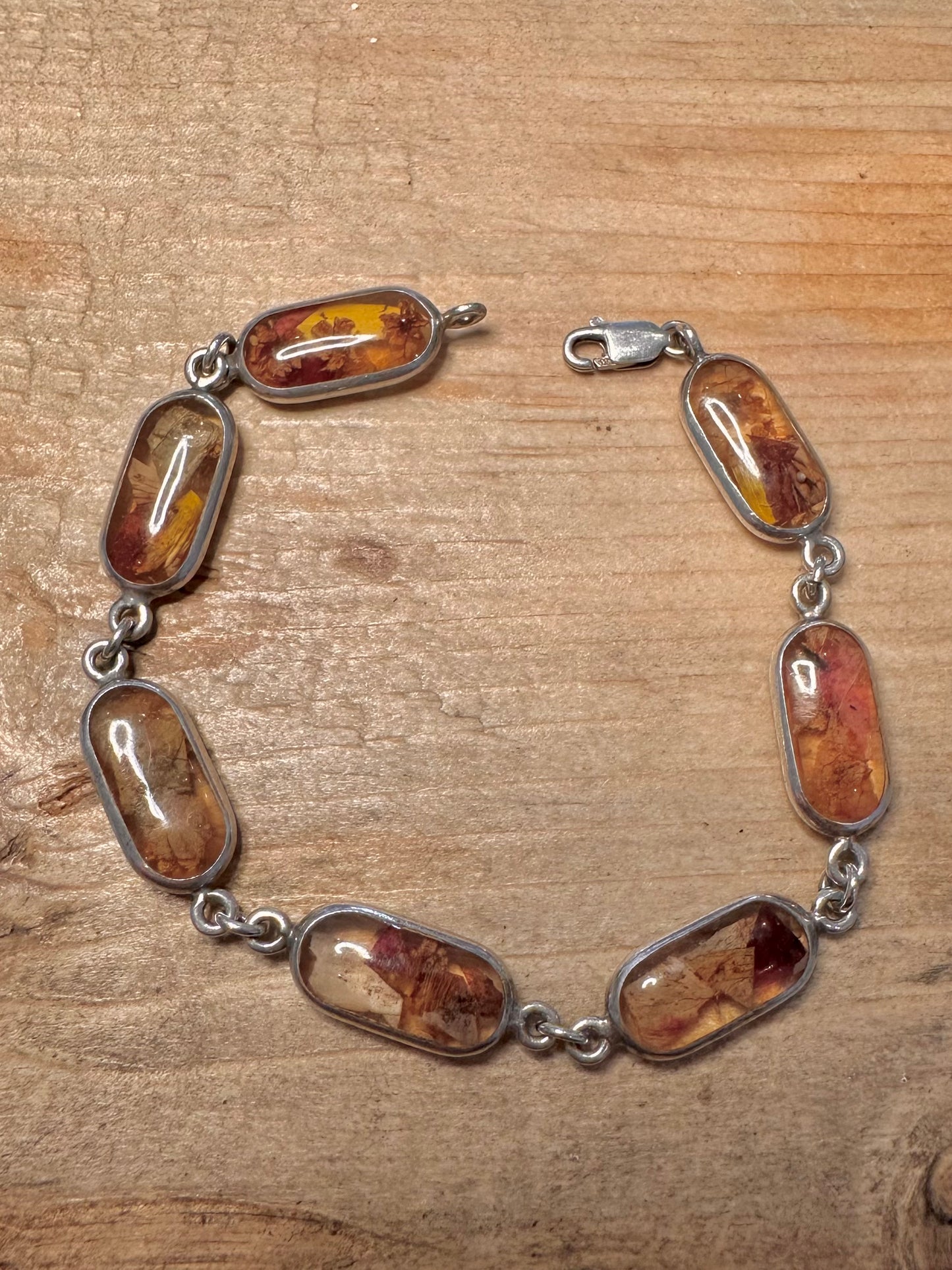 Vintage Dried Flower Oval 925 Silver 7.5 inch Bracelet
