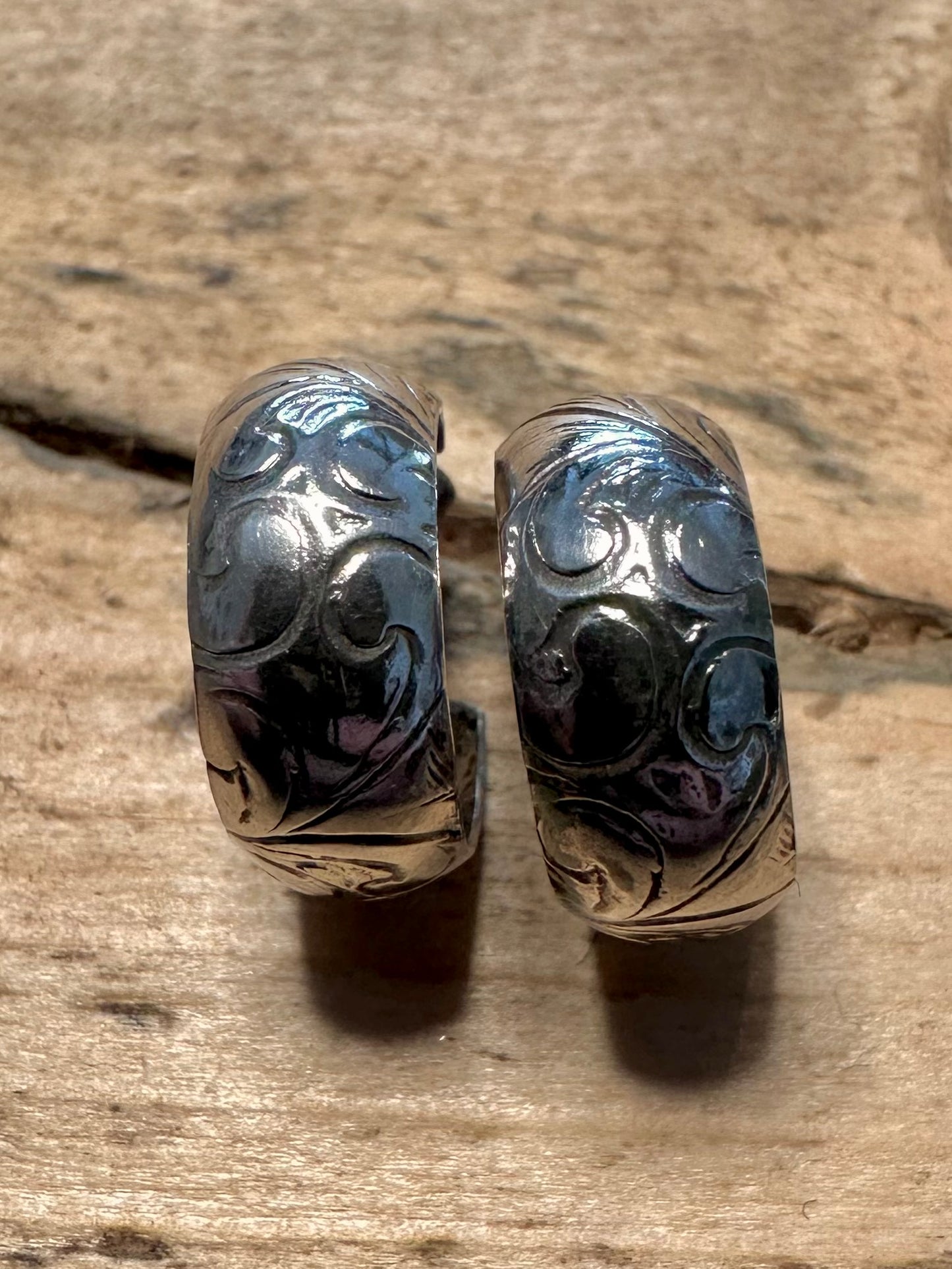 Vintage Engraved Half Hoops 925 Silver Earrings