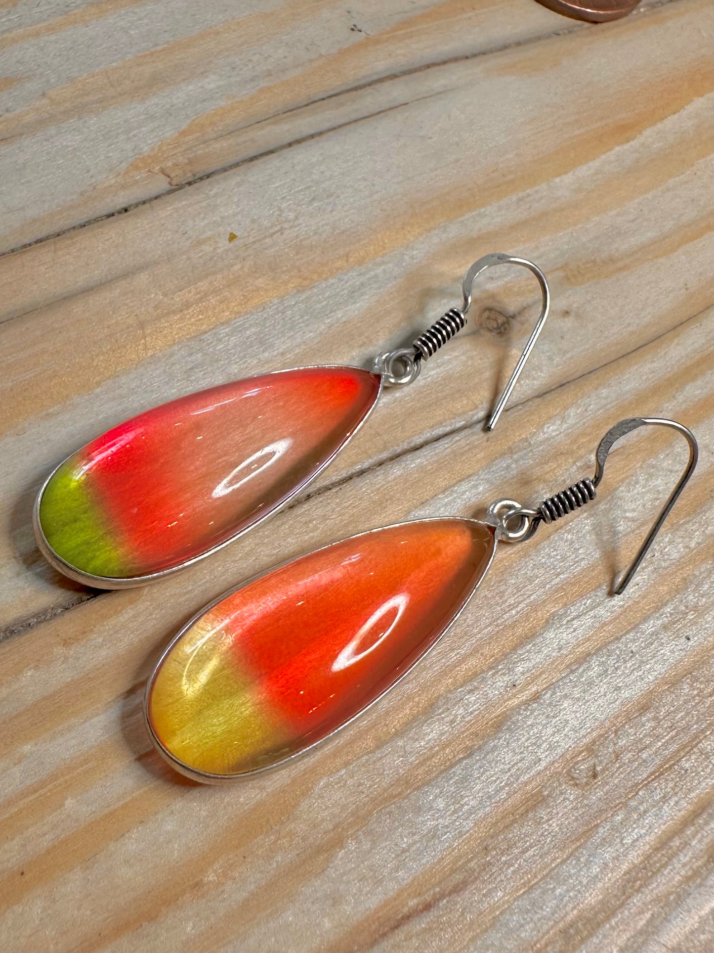 Abstract Red and Yellow Elongated 925 Silver Earrings