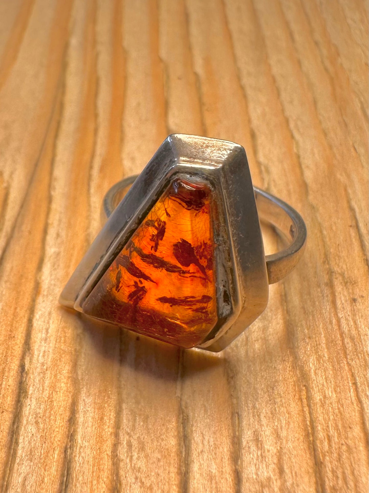 Vintage Abstract Amber 925 Sterling Silver Size N Ring