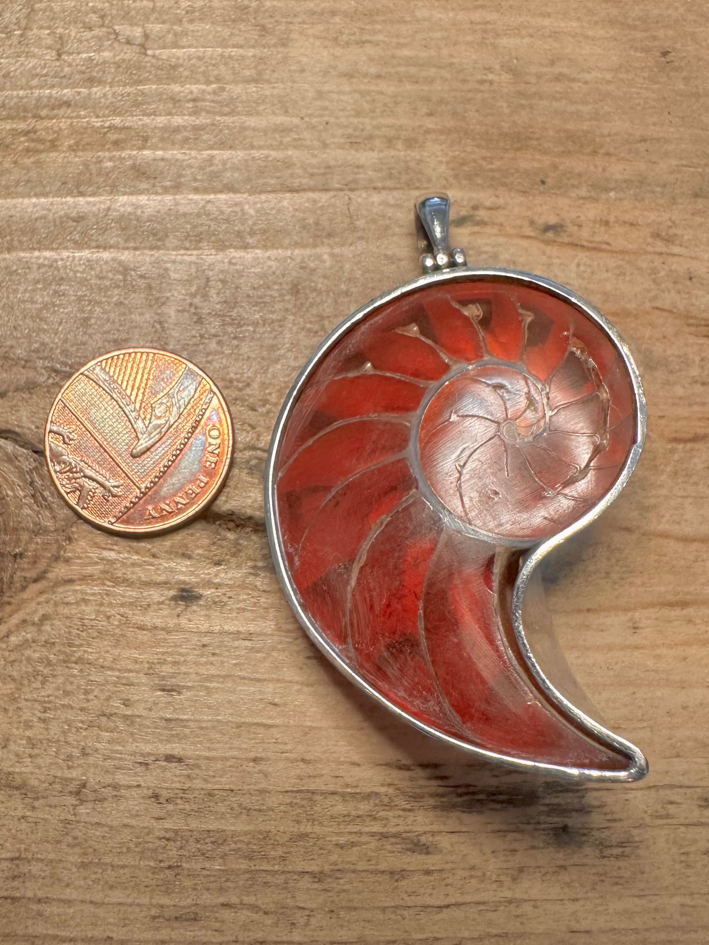 Abstract Large Red Nautilus Shell 925 Silver Pendant
