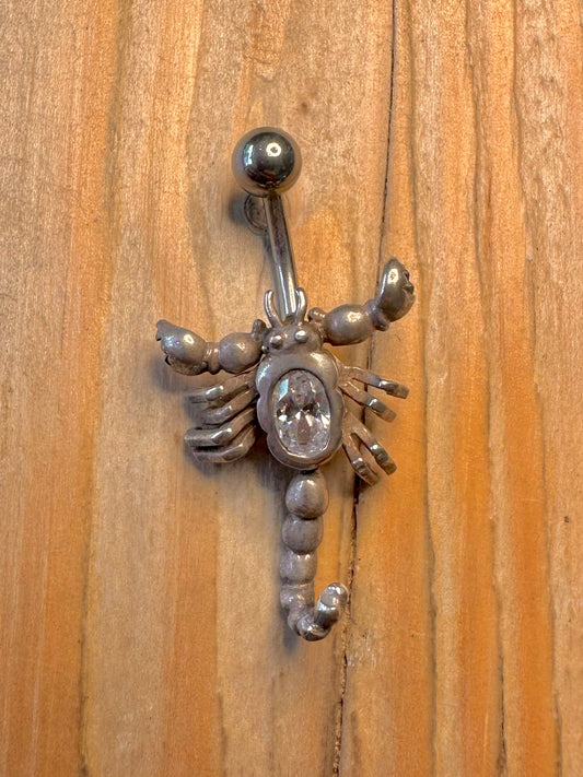 Vintage Scorpion Moving White Stone 925 Sterling Silver Belly Bar Body Jewellery