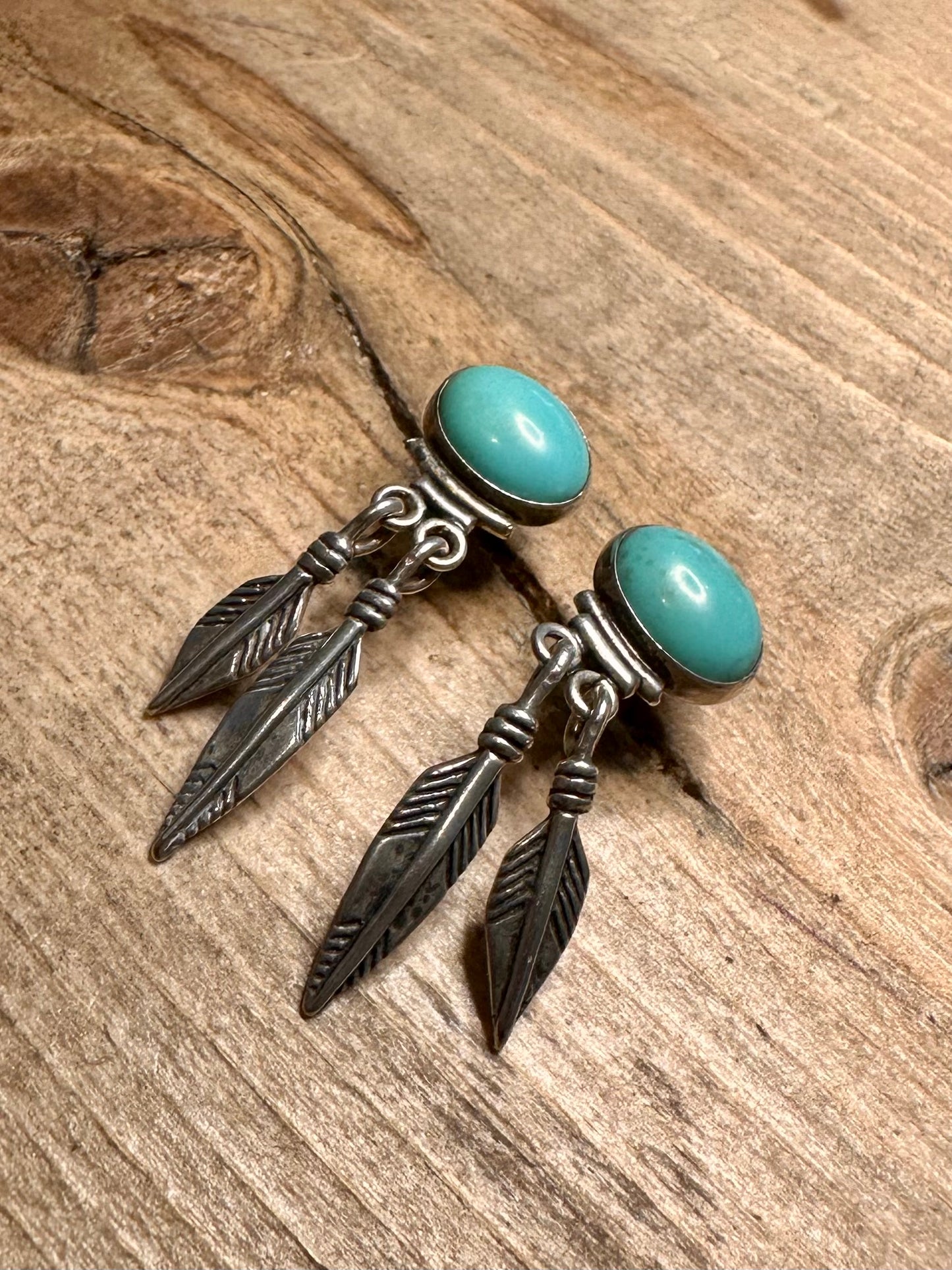 Vintage Turquoise Feather Native American Dangle 925 Silver Earrings